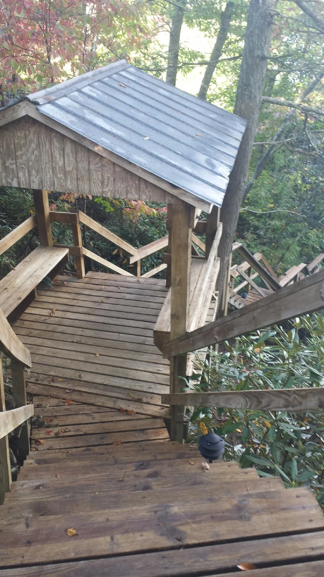 Metal roofed shelter over wooden steps on a wooded walkway — Skylight Repair & Installation work by our crew in Odessa